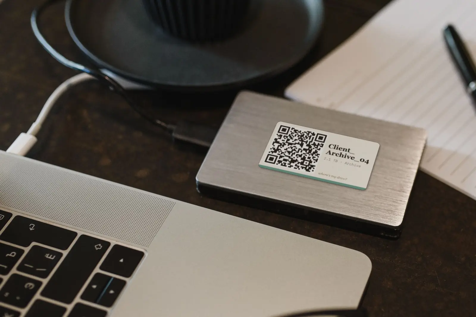 A QR label on an external drive