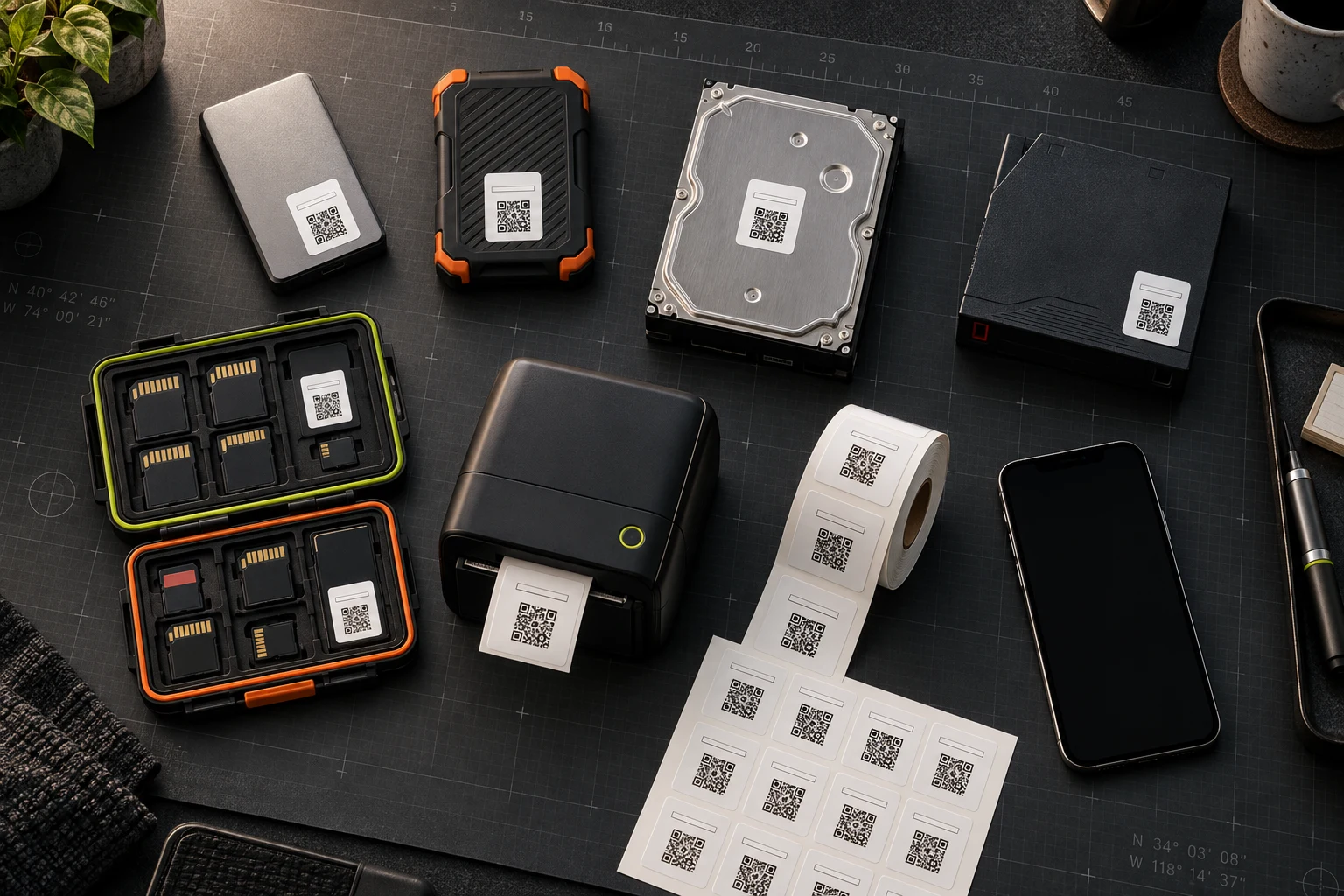 External drives, QR labels, label printer and phone on an archive workbench