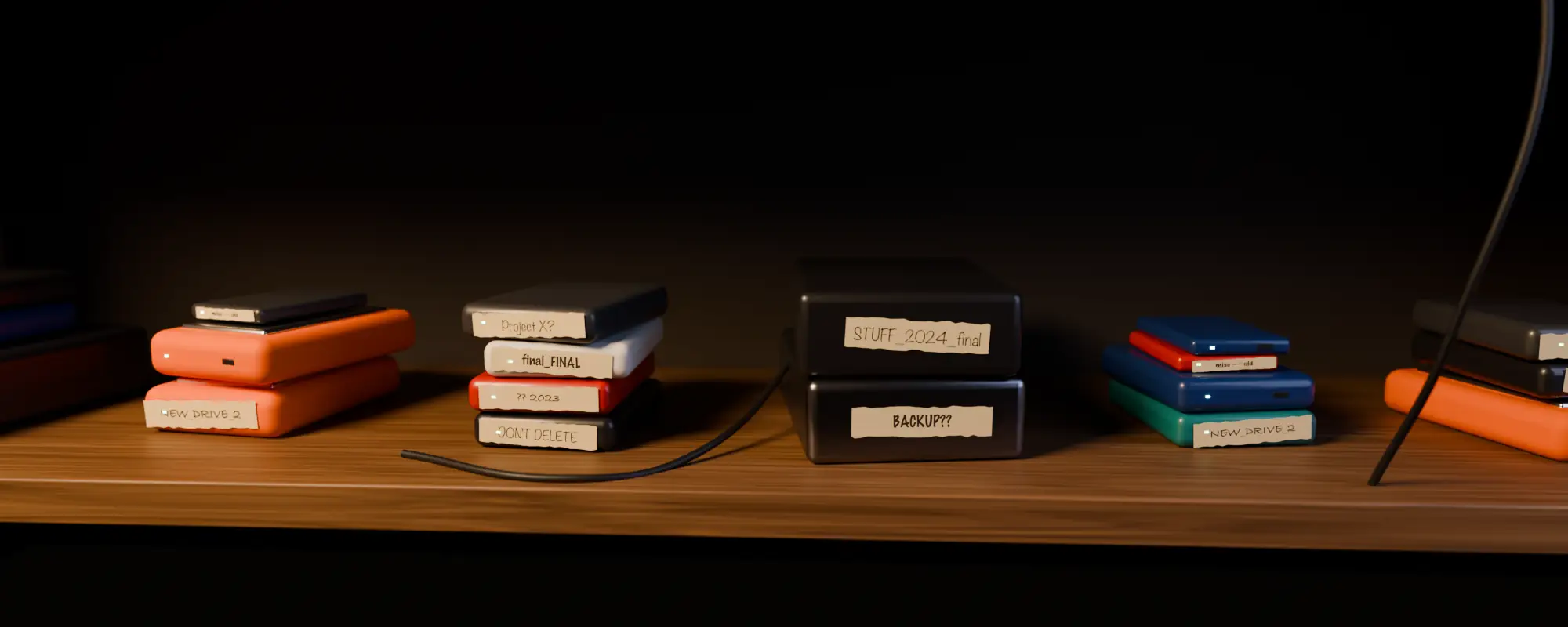 A shelf of unlabeled external drives