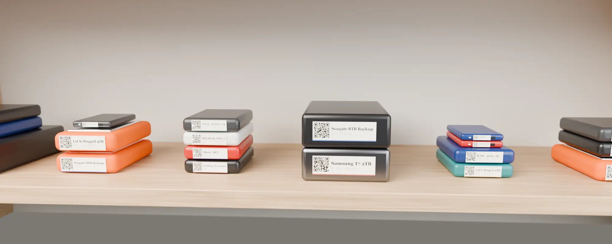 Organised backup drives on a shelf